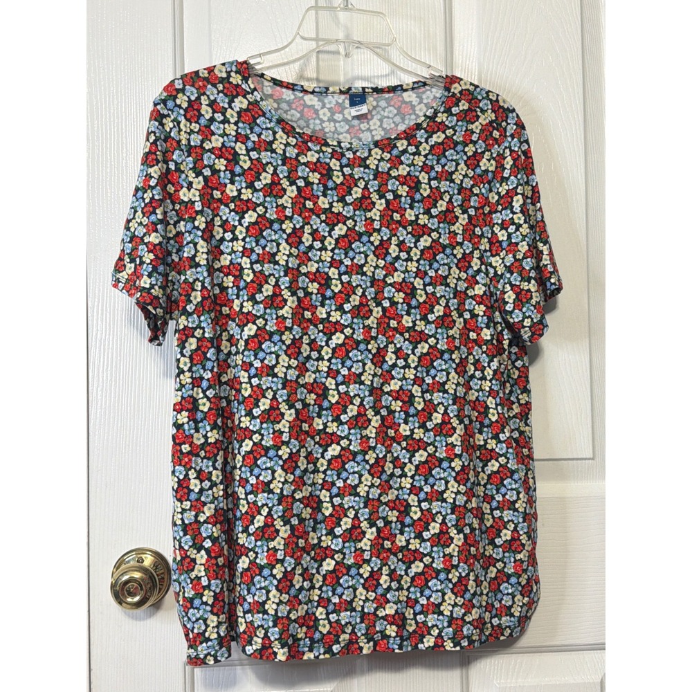 Old Navy Luxe Women Blue Flower Ditsy Floral Short Sleeve Tee Shirt Large L
